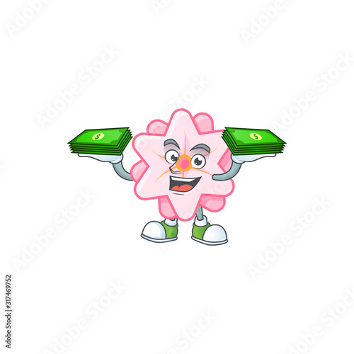 happy rich chinese pink flower character with money on hands