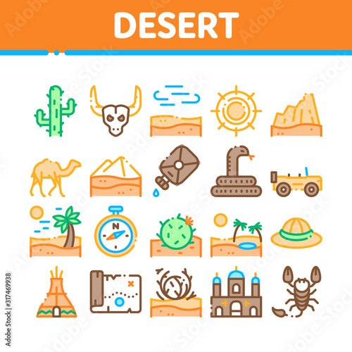 Desert Sandy Landscape Collection Icons Set Vector Thin Line. Desert Sand Dune, Snake And Camel, Car And Scorpion, Compass And Ox Skull Concept Linear Pictograms. Color Contour Illustrations © PikePicture
