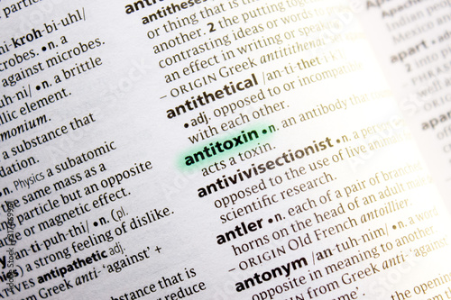 Antitoxin word or phrase in a dictionary. photo