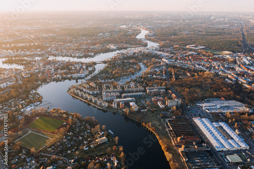 panorama drone photo of the old city Treptow-Kopenick Berlin at sunrise