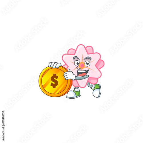 Rich chinese pink flower mascot cartoon design style with gold coin