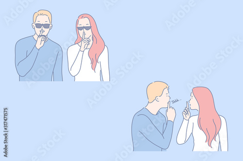 Secret, security, confidentiality set concept. Young couple asks to keep confidentiality. Wary man and woman is making security. Guy and girl demand to keep information in secret. Simple flat vector