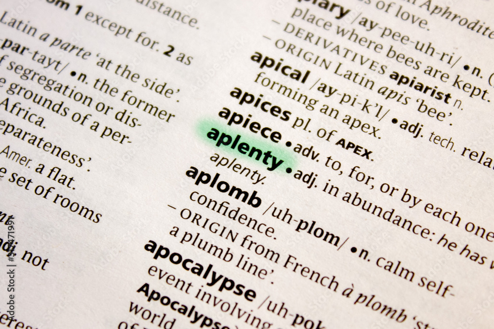 Fototapeta premium Aplenty word or phrase in a dictionary.