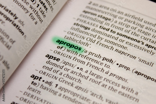 Apropos word or phrase in a dictionary.
