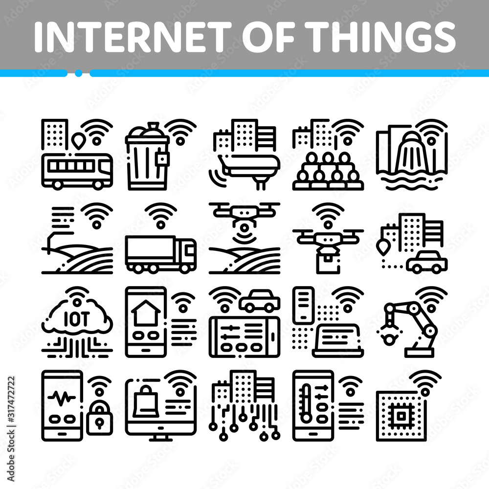 Internet Of Things IOT Collection Icons Set Vector Thin Line. Wifi Signal In Bus And Truck, Cctv Camera And Drone Internet Of Things Concept Linear Pictograms. Monochrome Contour Illustrations