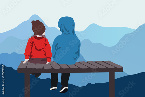 Two kids sitting on a bench and admiring the scenery of mountains, back view, vector