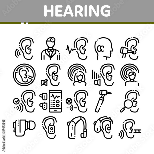 Hearing Human Sense Collection Icons Set Vector Thin Line. Hearing Aid Device And Earphone. Doctor And Medical Equipment For Research Concept Linear Pictograms. Monochrome Contour Illustrations