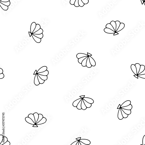 Seashells seamless vector summer pattern. Black outline sea shells isolated on a white background. Illustration with random shells for wallpaper, wrapping paper, textiles, summer decoration, clothes