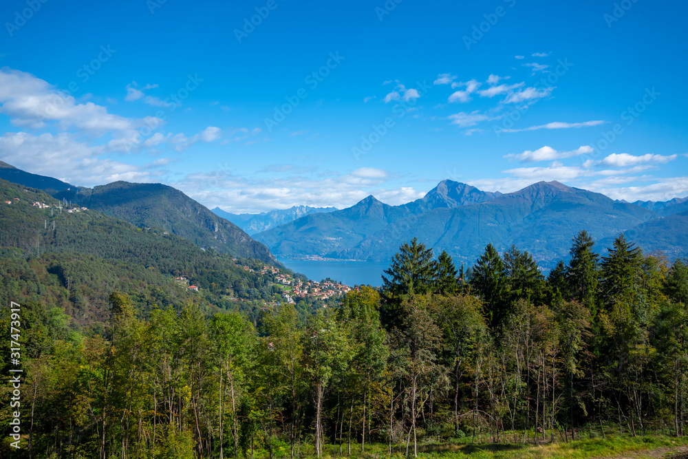 Panoramic View over Menaggio Village and Lake Como with Mountain in Lombardy, Italy.
