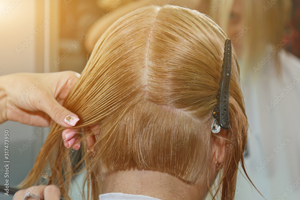 Fototapeta premium Woman with medium long blonde hair. With a short haircut at the hairdresser at the stylist using scissors. Care procedures. The master shortens his hair.
