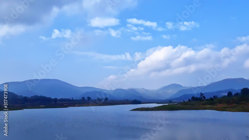 Fototapeta Naklejka Na Ścianę i Meble -   beautiful mountains,river and blue sky background view image 