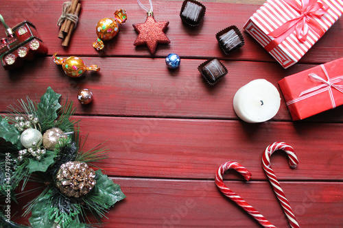 Christmas background. Candy and chocolate. Flat lay concept.