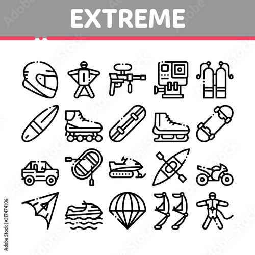 Extreme Sport Activity Collection Icons Set Vector Thin Line. Bike And Crash Helmet, Parachute And Hang-glider Equipment For Extreme Active Concept Linear Pictograms. Monochrome Contour Illustrations