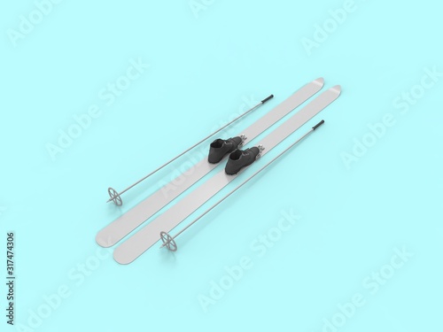 3D rendering of a couple pair of skis isolated in empty space.