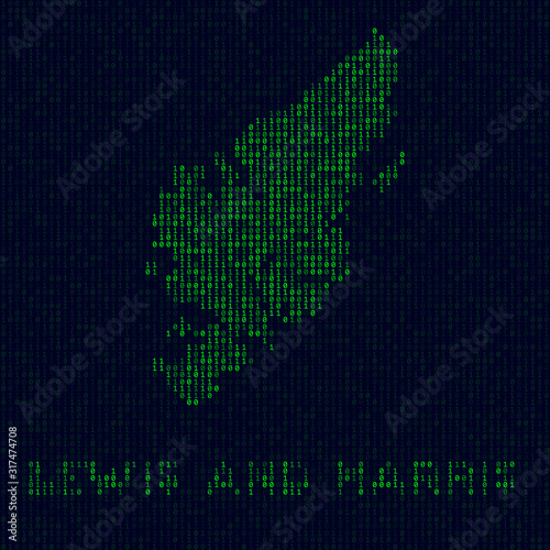 Digital Lewis and Harris logo. Island symbol in hacker style. Binary code map of Lewis and Harris with island name. Appealing vector illustration.