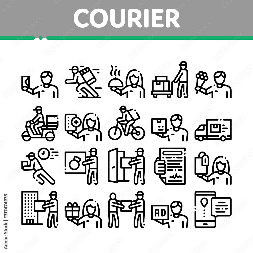Courier Delivery Job Collection Icons Set Vector Thin Line. Courier On Scooter And Bicycle, Truck And Agreement, Weight Box And Flowers Concept Linear Pictograms. Monochrome Contour Illustrations Courier Delivery Job Collection Icons Set Vector Thin Line. Courier On Scooter And Bicycle, Truck And Agreement, Weight Box And Flowers Concept Linear Pictograms. Monochrome Contour Illustrations