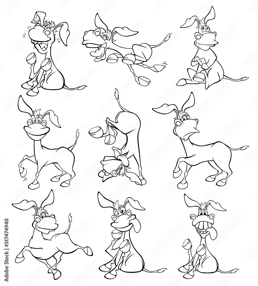Vector Illustration of a Cute Cartoon Character Burro for you Design and Computer Game. Coloring Book Outline Set
