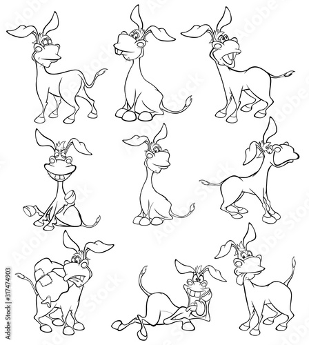 Vector Illustration of a Cute Cartoon Character Burro for you Design and Computer Game. Coloring Book Outline Set