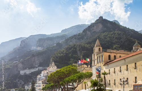 View of the mountains and buildings of Amalfi city, Italy