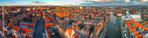 Aerial panorama of the old town in Gdansk at sunrise, Poland.