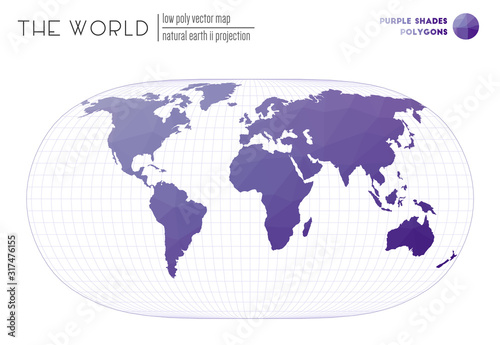 Low poly world map. Natural Earth II projection of the world. Purple Shades colored polygons. Energetic vector illustration.