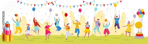 People jumping at birthday party celebration, vector illustration. Funny cartoon characters in modern flat style, birthday presents. Happy people jumping and having fun, many different men and women.