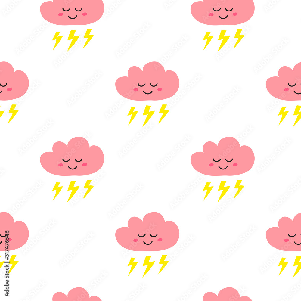Cute girly seamless pattern with doodle colorful happy clouds. Cute girly seamless pattern with doodle colorful happy clouds.