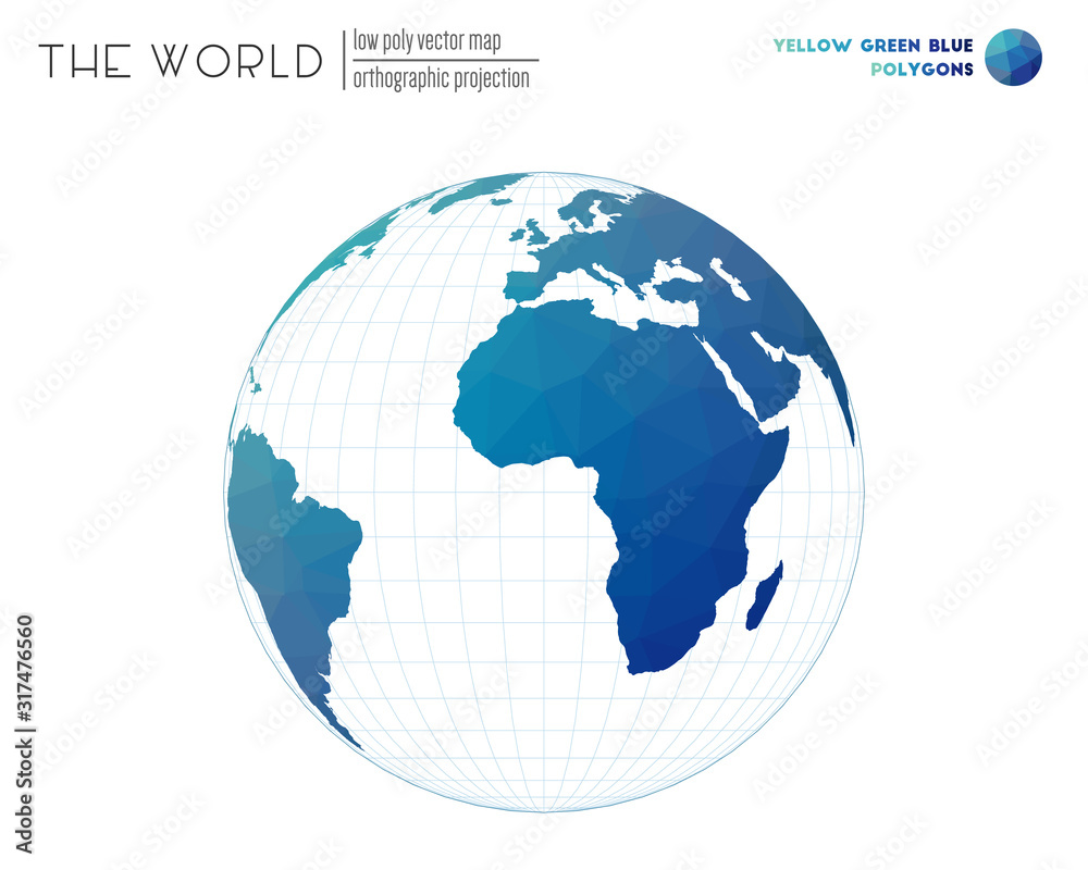 Low poly world map. Orthographic projection of the world. Yellow, Green, and Blue colored polygons. Stylish vector illustration. Low poly world map. Orthographic projection of the world. Yellow, Green, and Blue colored polygons. Stylish vector illustration.