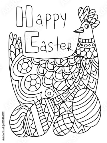 Happy easter stock vector illustration. Hen and colored eggs coloring page for kids and adults.  Elegance detailed christianity holiday graphic black and white illustration.