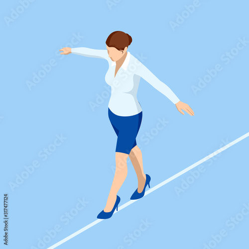 Isometric business woman tightrope walker is on the rope. Risk challenge in business, business risk, conquering adversity problems solution