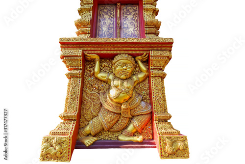 Beautiful Thai decoration on the upright pillar and window of the temple isolated on white background ,Thailand