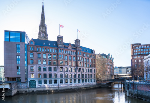 Cityscape with Church of St. Nicholas, Hamburg, Germany photo