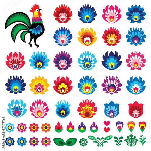 Polish folk art Wycinanki Lowickie vector design elements - flower, rooster, leaves. Perfect for textile patterns or greeting cards