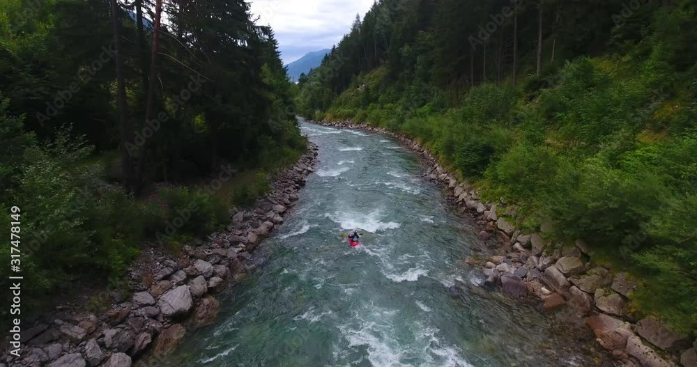 Aerial Drone Shot Kayaking Down Whitewater Rapids in Rosanna River The Alps Aerial Drone Shot Kayaking Down Whitewater Rapids in Rosanna River The Alps