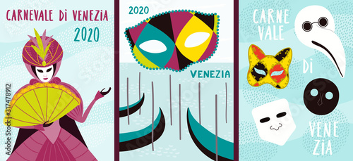Set of Venice Carnival posters with woman in costume, traditional masks bauta, gnaga, moretta, doctor plague, gondolas, text. Hand drawn vector illustration. Flat style design. Concept flyer, banner.