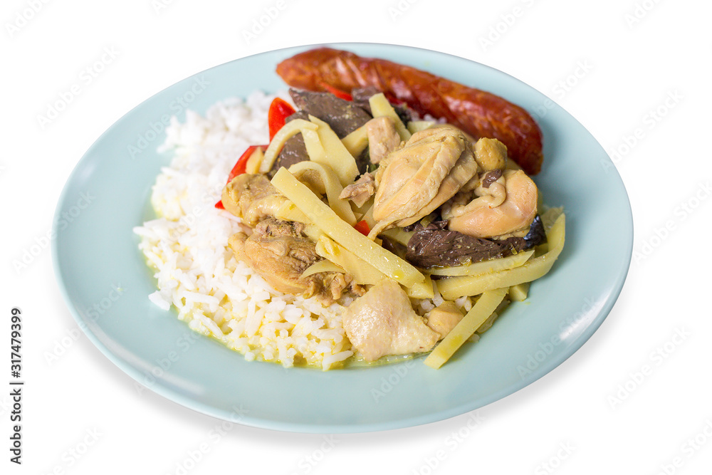 Streamed rice with Chicken curry with Fried chinese sausage in blue round plate. Streamed rice with Chicken curry with Fried chinese sausage in blue round plate.
