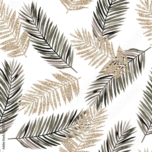 Abstract print with gold and watercolor leaves on white background. Seamless pattern. Hand drawn illustration. Mixed media background