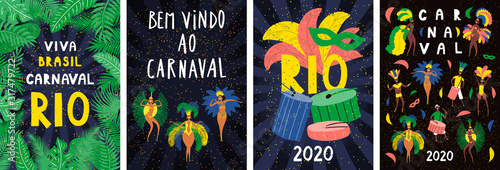 Set of posters with dancing people in bright costumes, feathers, Portuguese text Bem vindo ao Carnaval, Welcome to Carnival. Hand drawn vector illustration. Flat style design. Concept flyer, banner. photo