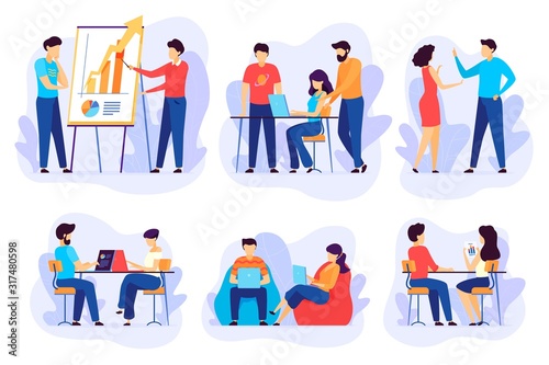 Business team working on project together, vector illustration