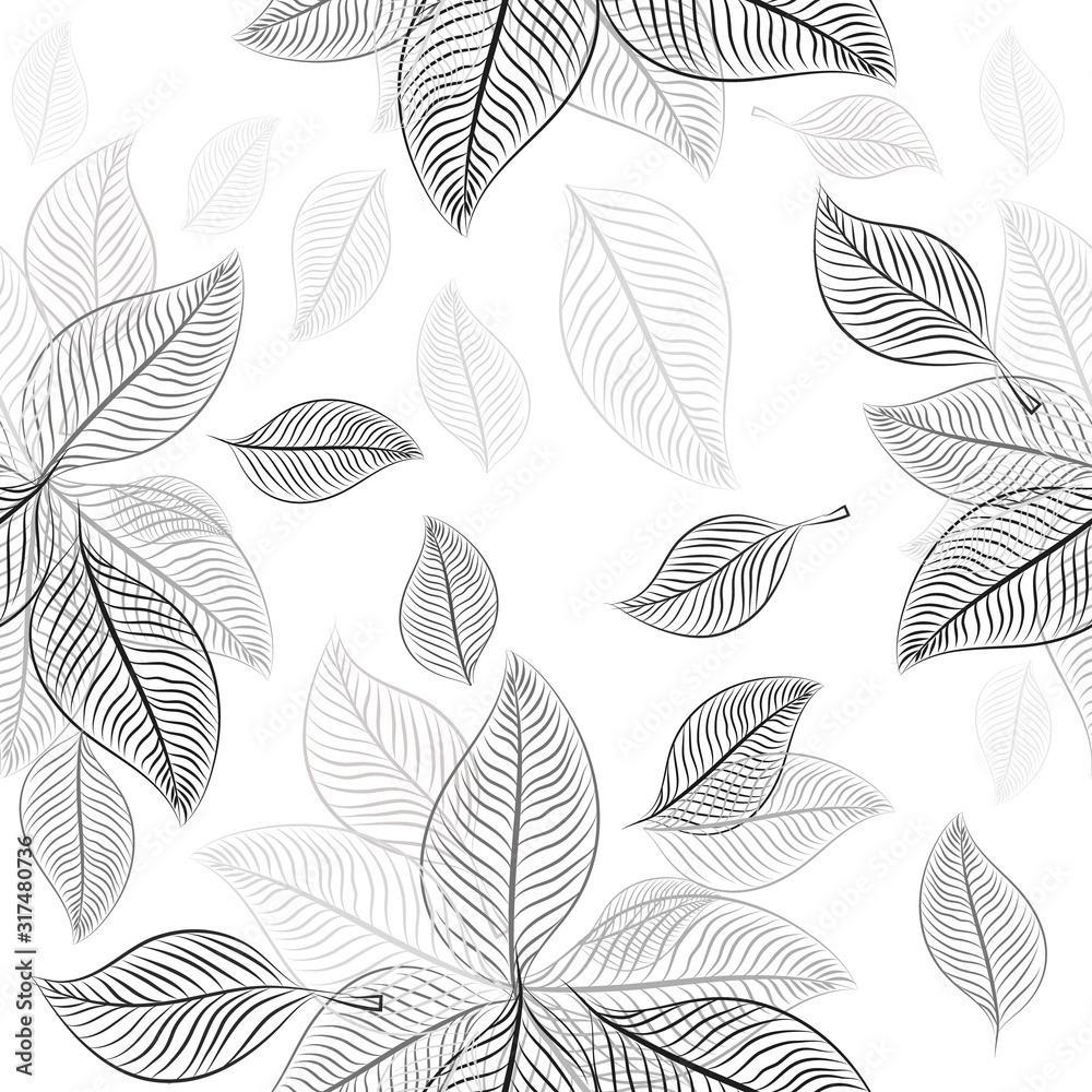 Abstraction from skeleton monochrome leaves. Seamless background. Vector illustration