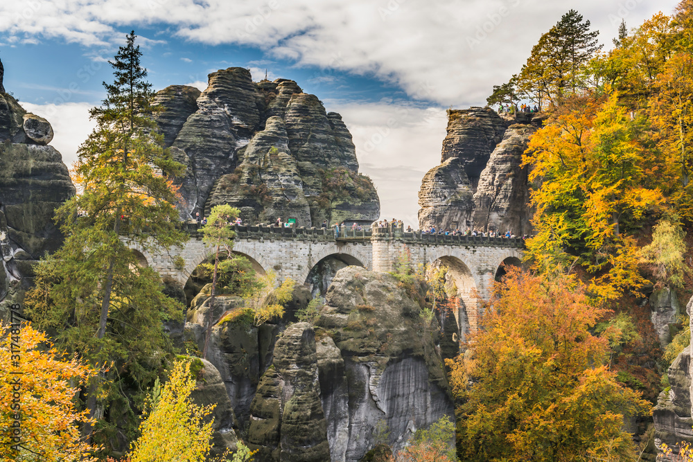 The Bastei bridge, Saxon Switzerland National Park, Germany in autumn