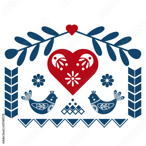 House in folk style from leaves. heart inside. Scandinavian style