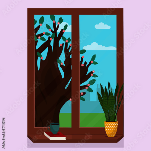 Spring window with landscape, book, coffee, home plant on the windowsill. Spring is coming greeting card template. Vector illustration in flat style