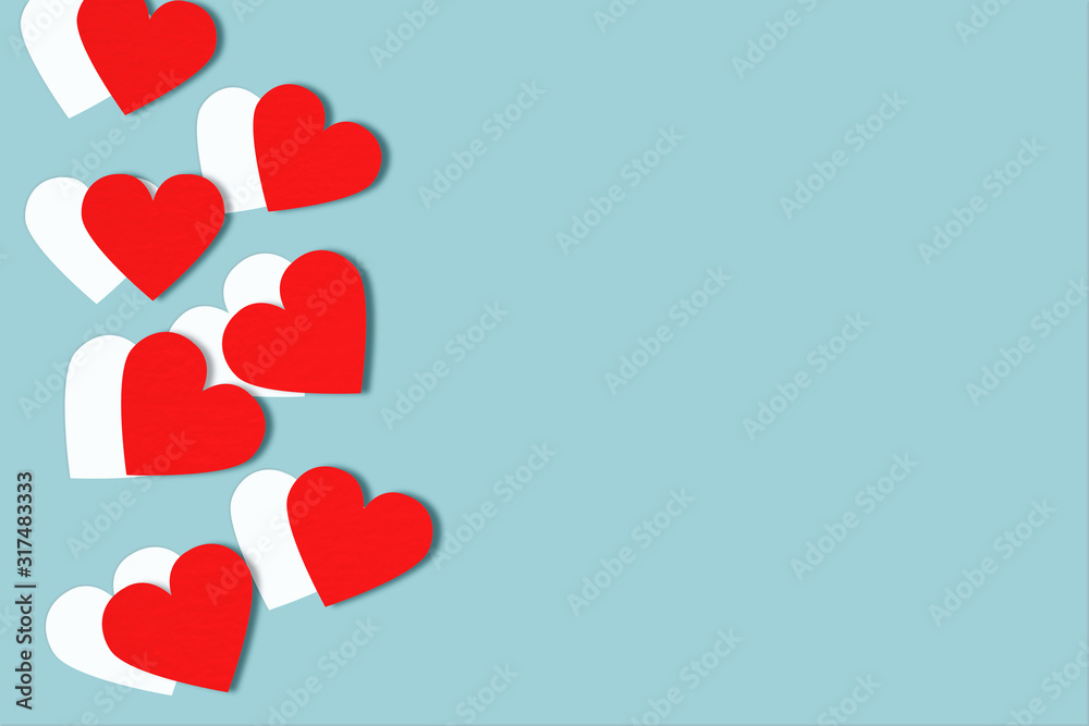 Red hearts on blue background, Flat lay. Design for Valentine day concepts.