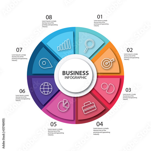 Infographic circle in thin line flat style. Business presentation template with 8 options, parts, steps. Vector illustration