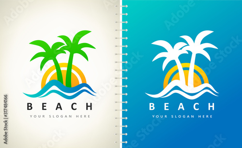Oasis and beach logo vector. Palm tree, wave, sea and sun.