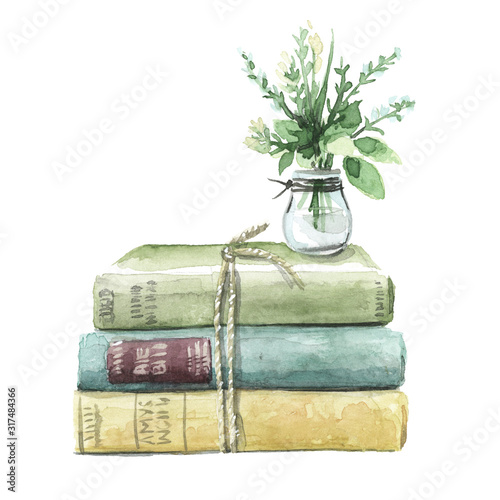 stack of old books handpainted watercolor, isolated on white background © beehouse studio