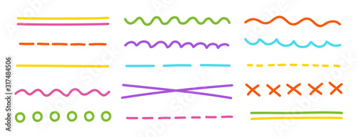 Set of underline. Different types of lines dotted, wavy and strikethrough. Flat vector.