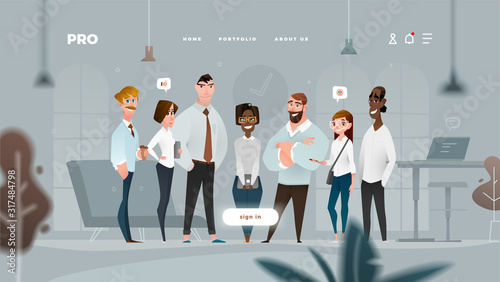 Main Page Web Design with Business Cartoon Characters in Flat Style for Your Projects. 