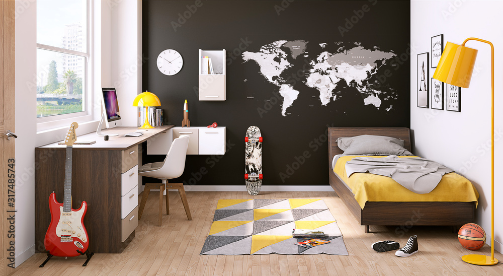 Habitación dormitorio juvenil con escritorio y decoraciones Stock  Illustration